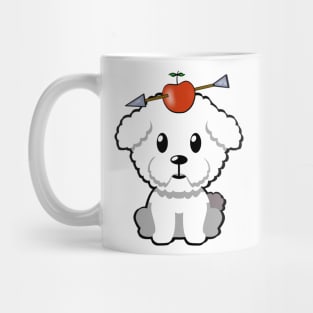 Cute furry dog has an apple and arrow on head Mug